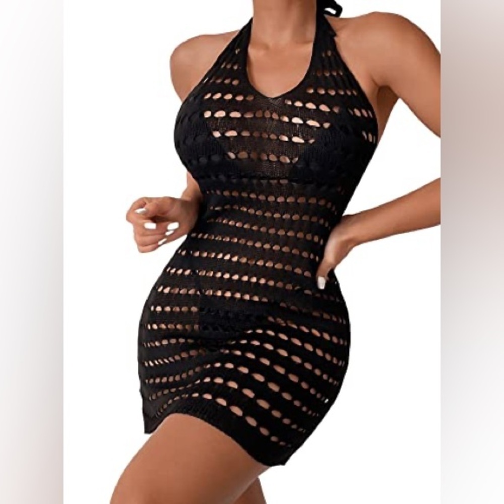 SweatyRocks Women's Backless Halter Dress  Knit BeachCover Up Large Black